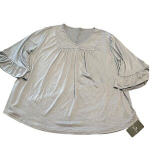 Micocon Silver Blouse Square V Neck 3/4 Bell Ruffle‎ Sleeve Top